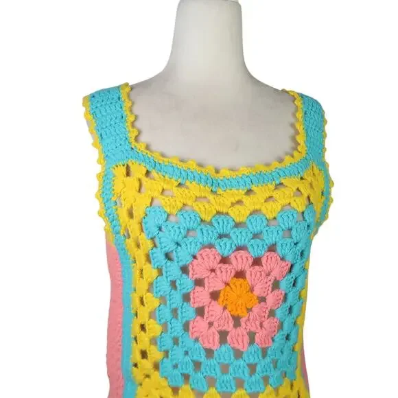 Vintage 70s Blue Yellow Pink Granny Square Crochet Knit Sweater Vest M - Picture 2 of 4